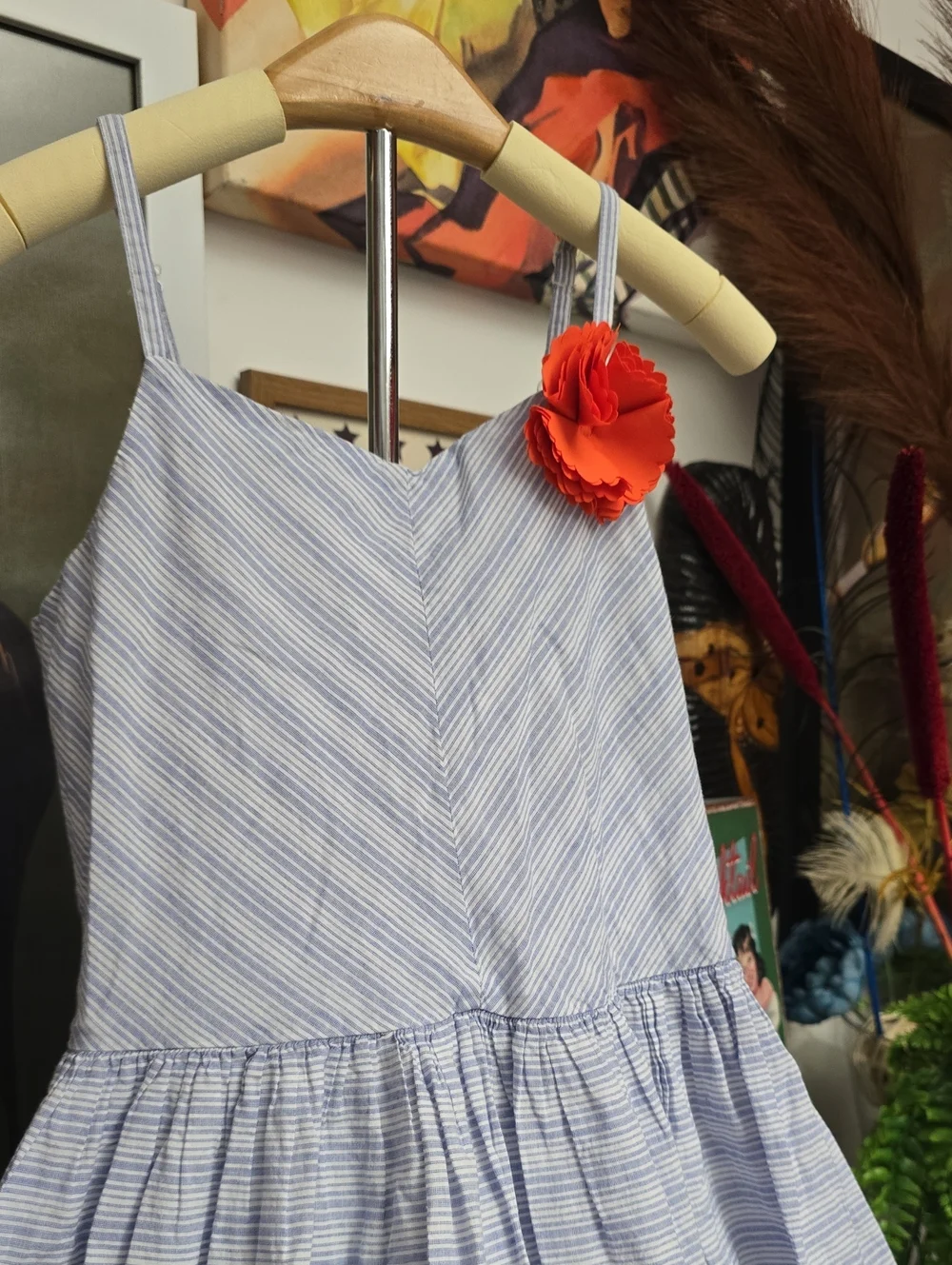 Gymboree Girls 8 Light Blue and White Striped Sundress with Orange Flower